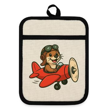 Adventurous otter on the plane - Pot holders with rubber back - linen/black  - Front