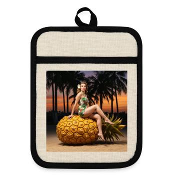 Tropical bikini design with pineapple motif - Pot holders with rubber back - linen/black  - Front