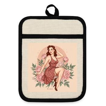 Retro Ladies Figure with Flowers and 50s Style - Pot holders with rubber back - linen/black  - Front