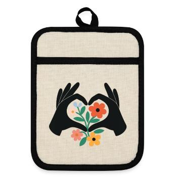 Floral_Heart_Hands - Pot holders with rubber back - linen/black  - Front