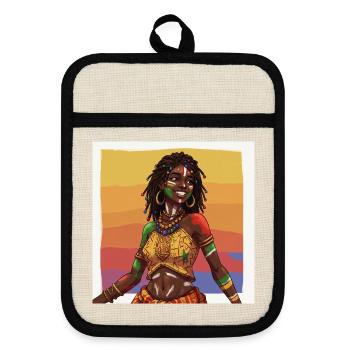 Fille Afro Afrique Culturelle et Colorée - Maniques avec dos en caoutchouc - lin/noir  - Devant