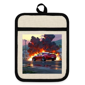 Red Sports Car Amid Urban Firestorm - Pot holders with rubber back - linen/black  - Front