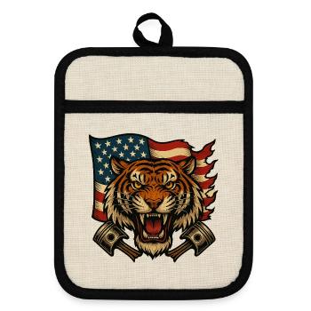 Patriot Tiger with American Flag - Pot holders with rubber back - linen/black  - Front