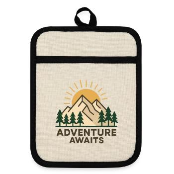 Adventure Nature Motif with Mountains and Sun - Pot holders with rubber back - linen/black  - Front