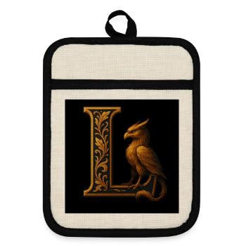 L – Magic ornament with phoenix - Pot holders with rubber back - linen/black  - Front
