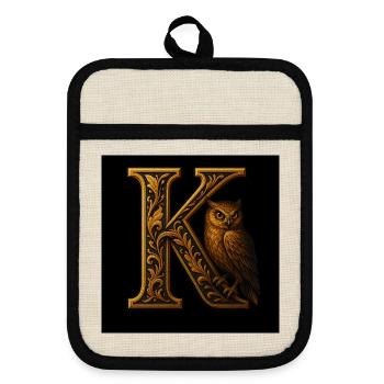 K – Magic Ornament with Owl - Pot holders with rubber back - linen/black  - Front