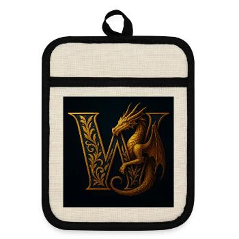W – Magic Ornament with Dragon - Pot holders with rubber back - linen/black  - Front