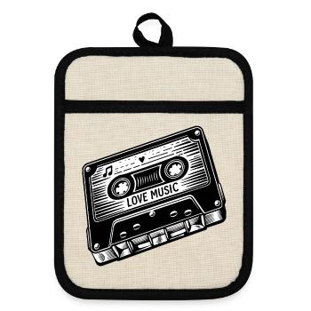 Cassette with Love Music lettering - Pot holders with rubber back - linen/black  - Front