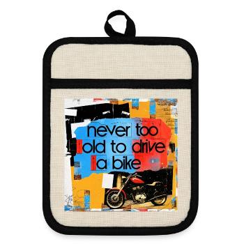 Life motto with motorcycle art - Pot holders with rubber back - linen/black  - Front