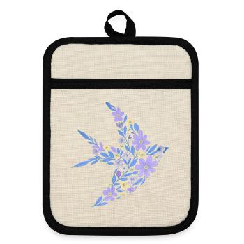 Nordic Floral - Bright Purple Bird - Pot holders with rubber back - linen/black  - Front