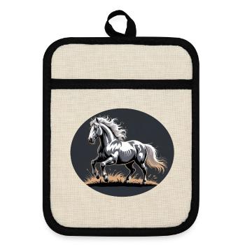Elegant Silver Trotting Tinker Stallion - Pot holders with rubber back - linen/black  - Front