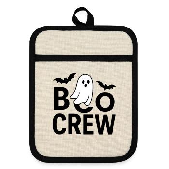 Halloween design with ghost and bats - Pot holders with rubber back - linen/black  - Front