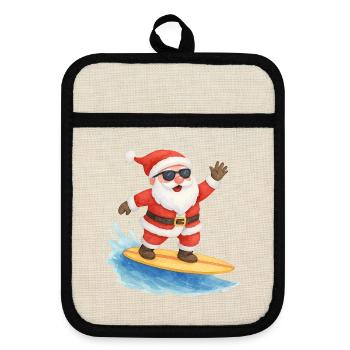 Cool Santa Surfer Christmas Design - Pot holders with rubber back - linen/black  - Front