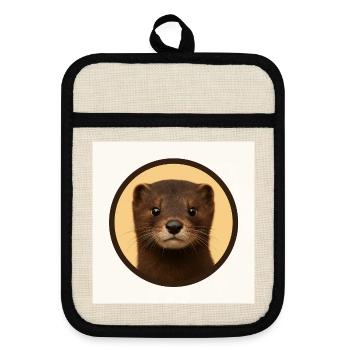Cute Brown Bear in Circle - Pot holders with rubber back - linen/black  - Front