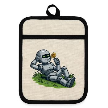 Robot with flower on a lawn - Pot holders with rubber back - linen/black  - Front