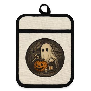 Spooky Halloween Vintage Ghost Scene with Pumpkin - Pot holders with rubber back - linen/black  - Front