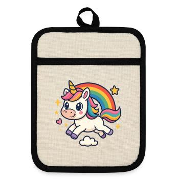 Kunterbuntes Einhorn Regenbogen - Topflappen mit Gummirückseite - Leinen/Schwarz  - Vorne
