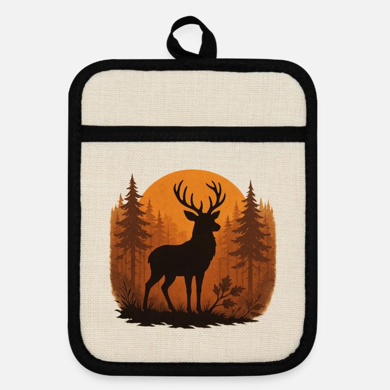 Deer silhouette autumn forest - Pot holders with rubber back - linen/black 