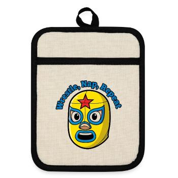 Wrestling Maske Wrestle, Nickerchen Wiederholen - Topflappen mit Gummirückseite - Leinen/Schwarz  - Vorne