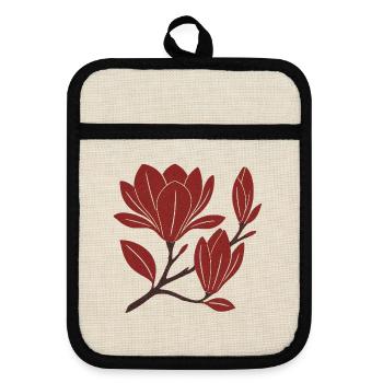 Red Magnolia Branch Pattern - Pot holders with rubber back - linen/black  - Front