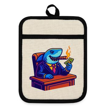 Office shark with money, flame and cigar - Pot holders with rubber back - linen/black  - Front
