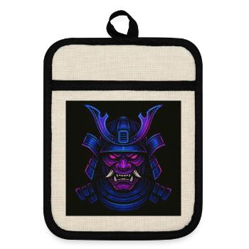 Neon Samurai Mask - Pot holders with rubber back - linen/black  - Front