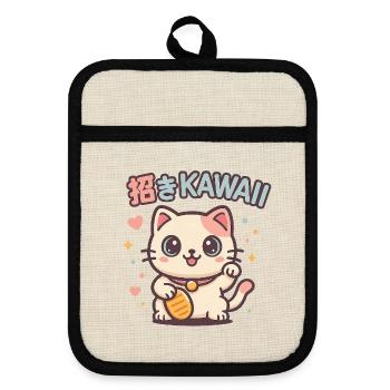Kawaii Katze Einladung Glück - Topflappen mit Gummirückseite - Leinen/Schwarz  - Vorne