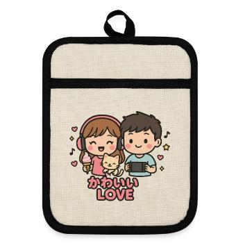 Kawaii Loving Couple with Cat and Gaming - Pot holders with rubber back - linen/black  - Front