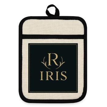 Iris Monogram Gold - Pot holders with rubber back - linen/black  - Front
