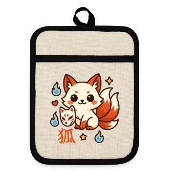 Kitsune Fire Friend Cartoon - Pot holders with rubber back - linen/black  - Front