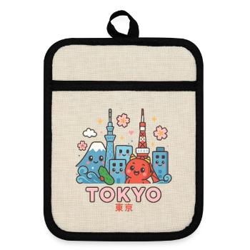 Kawaii Tokyo Skyline - Pot holders with rubber back - linen/black  - Front