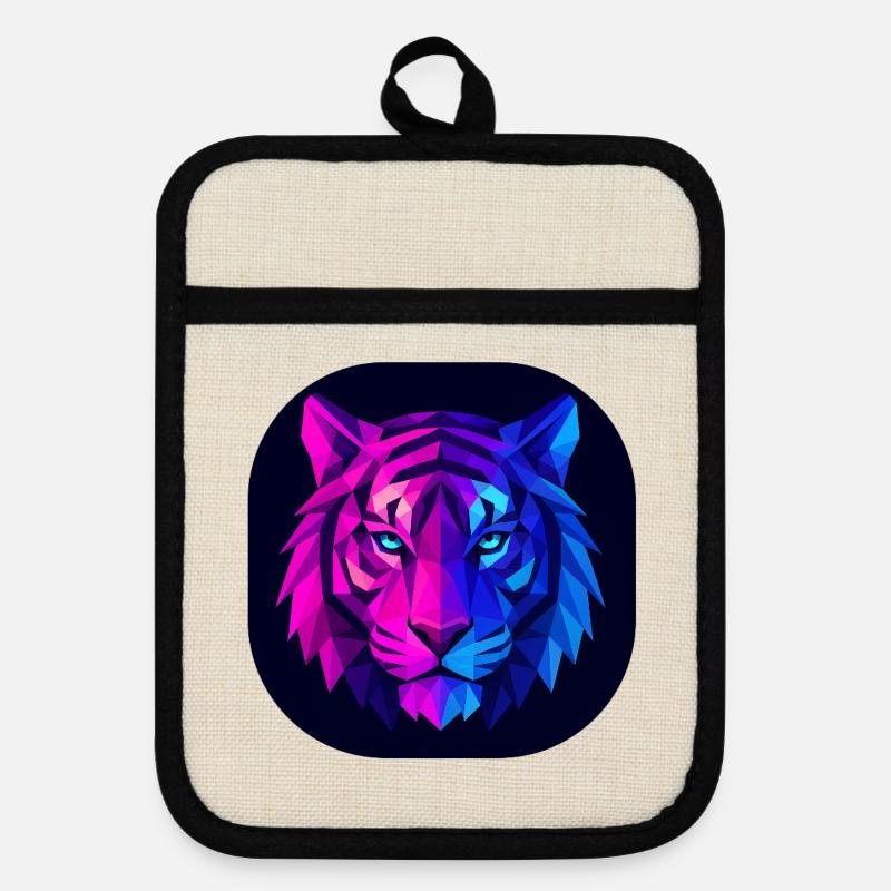 Neon Polygon Tiger: Magenta to Blue - Pot holders with rubber back - linen/black 