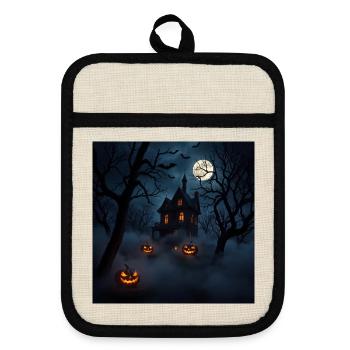 Spukhaus unter Mond und Kürbissen - Topflappen mit Gummirückseite - Leinen/Schwarz  - Vorne
