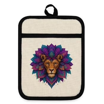 Fleur de mandala du lion - Maniques avec dos en caoutchouc - lin/noir  - Devant