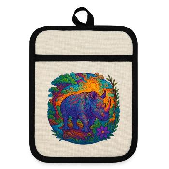 Rhino with family - Pot holders with rubber back - linen/black  - Front