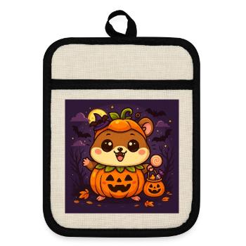 Câlin d’Halloween citrouille hamster chibi - Maniques avec dos en caoutchouc - lin/noir  - Devant
