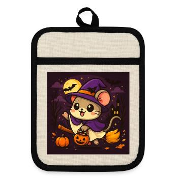 Cute Halloween Mouse as a Witch - Pot holders with rubber back - linen/black  - Front