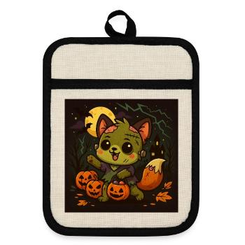 Little Halloween fox with pumpkins - Pot holders with rubber back - linen/black  - Front