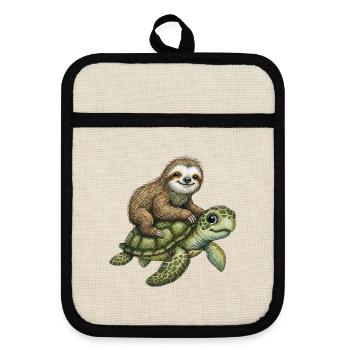 Sloth on turtle illustration - Pot holders with rubber back - linen/black  - Front