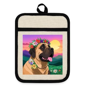 Mastiff with floral wreath - Pot holders with rubber back - linen/black  - Front