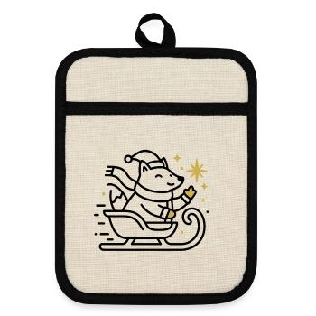 Christmas Mouse on Sleigh - Pot holders with rubber back - linen/black  - Front