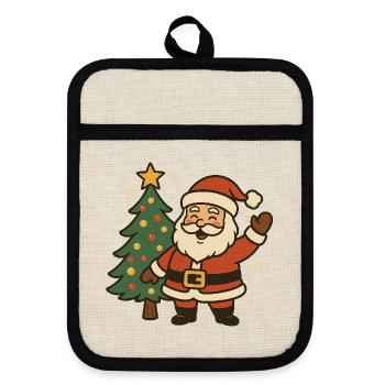 Fröhlicher Weihnachtsmann neben Baum - Topflappen mit Gummirückseite - Leinen/Schwarz  - Vorne