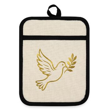 NEW -- Golden Dove With Olive Branch. - Pot holders with rubber back - linen/black  - Front