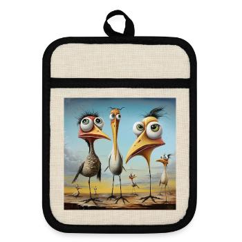 Lively flock of birds on the beach - Pot holders with rubber back - linen/black  - Front