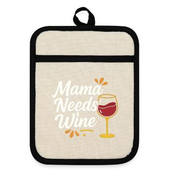 Mama Needs Wine – Hand Lettering with Wine Glass - Pot holders with rubber back - linen/black  - Front