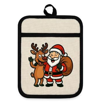 Santa Claus with Merry Reindeer - Pot holders with rubber back - linen/black  - Front
