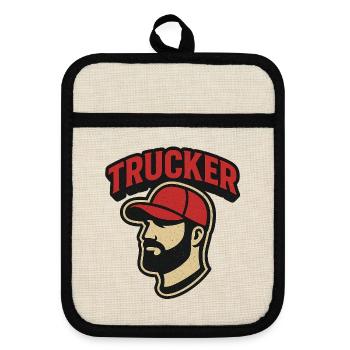 Trucker head with red cap - Pot holders with rubber back - linen/black  - Front