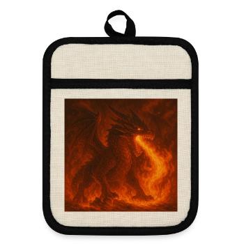Fire dragon in glowing flames - Pot holders with rubber back - linen/black  - Front