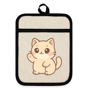 Kawaii Kitten Waving Design - Pot holders with rubber back - linen/black  - Front
