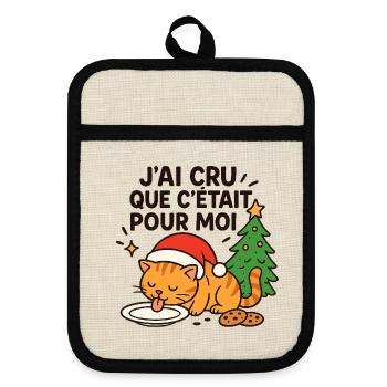 Christmas Festive Cat: For Me - Pot holders with rubber back - linen/black  - Front